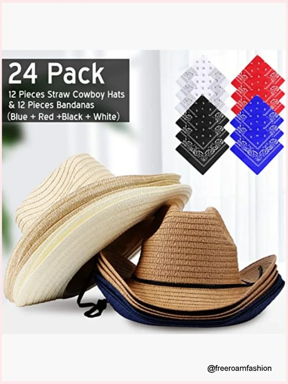 12 Straw Cowboy Hats & Bandanas Set - Western Party Costume Hats with Scarves